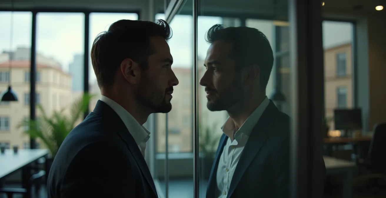 Profesional en momento de reflexión personal durante proceso de autoevaluación en espacio de trabajo moderno