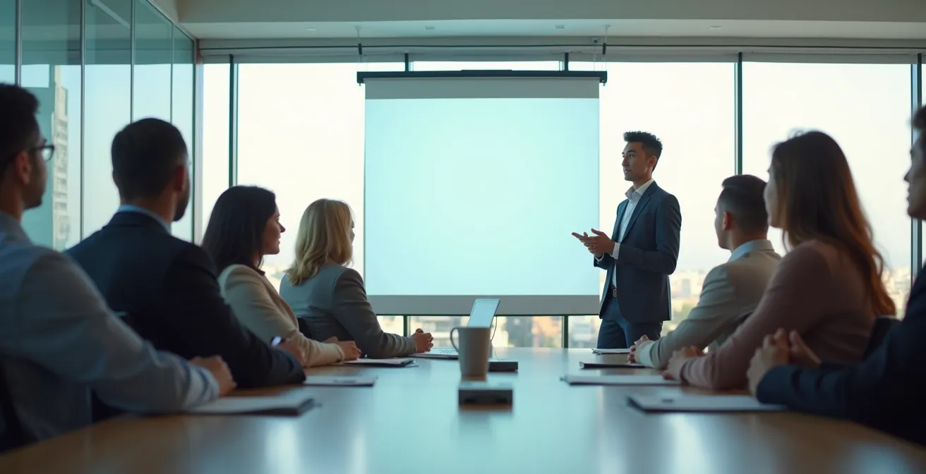 Presentación de proyecto final en sala de reuniones moderna con equipo de trabajo