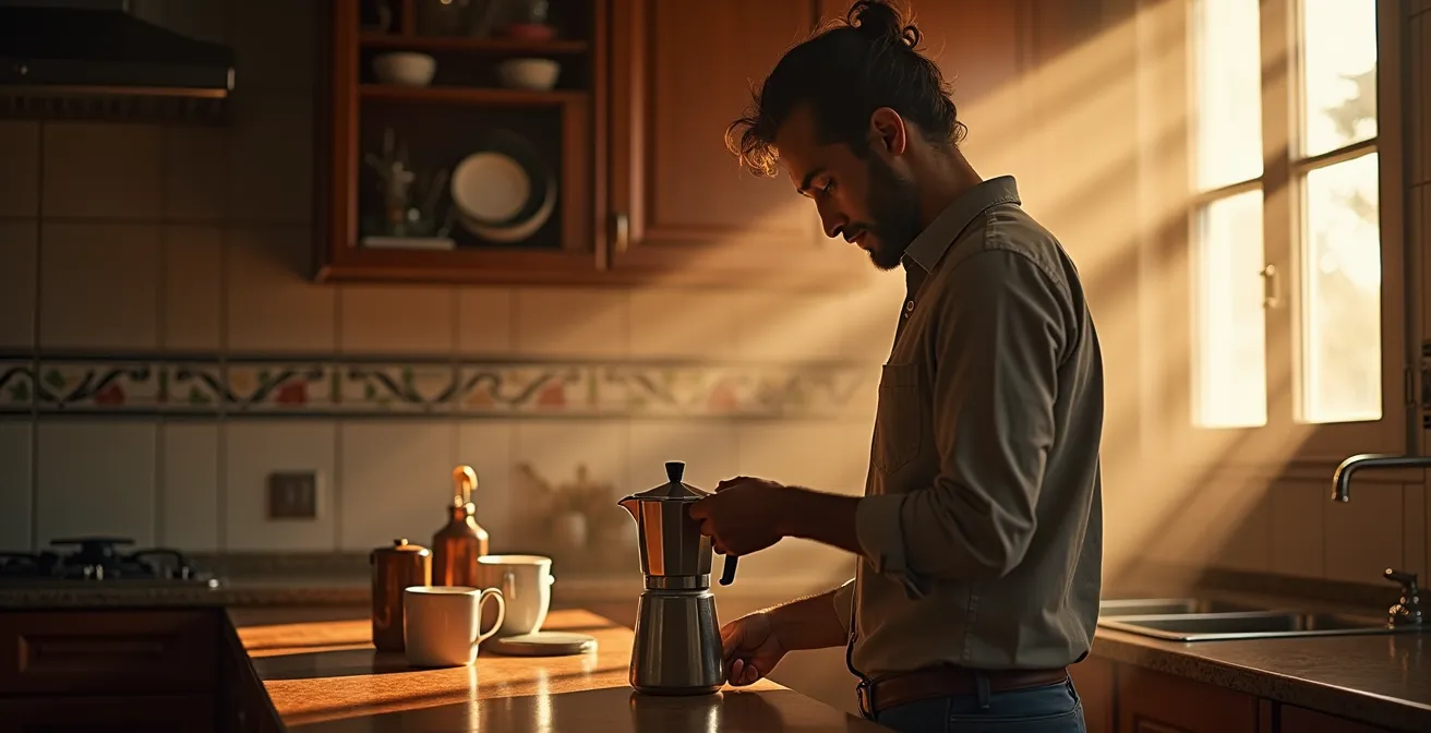Profesional español realizando ritual matutino de café antes de comenzar jornada laboral en casa