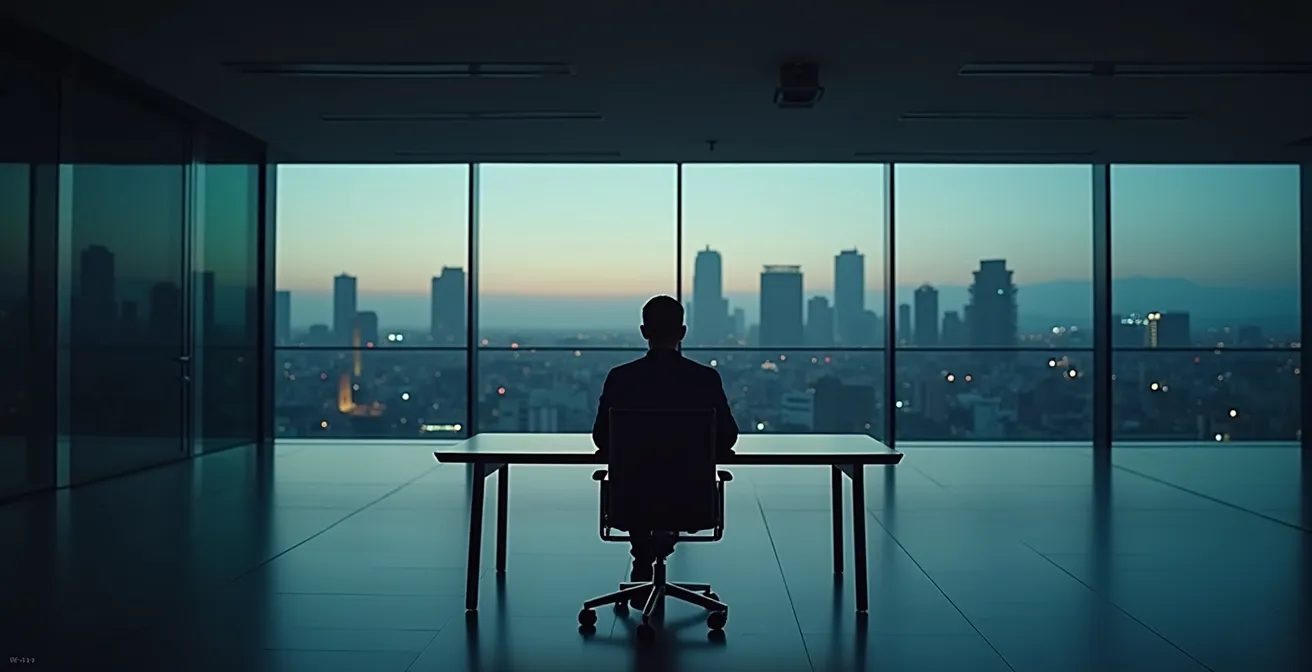 Profesional reflexivo en una oficina vacía al atardecer, simbolizando el estancamiento profesional.