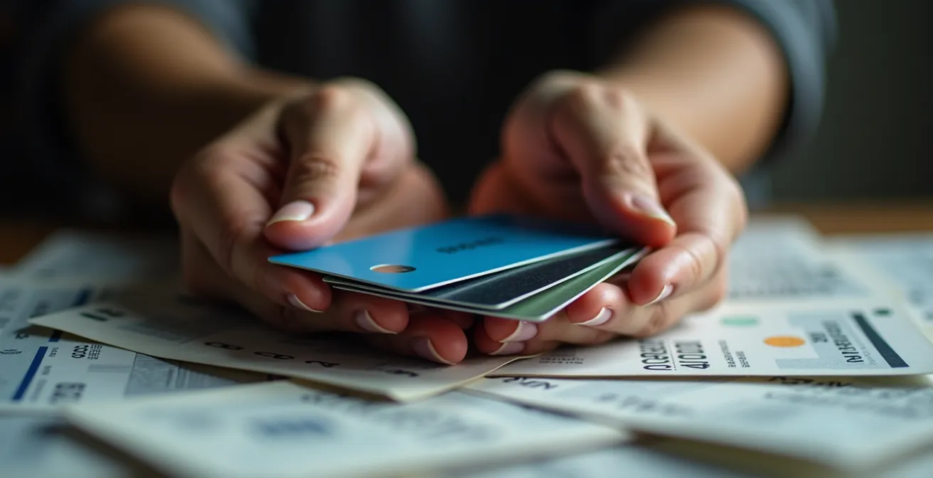 Manos de estudiante con múltiples tarjetas de crédito sobre una mesa con facturas, simbolizando la trampa de la deuda.