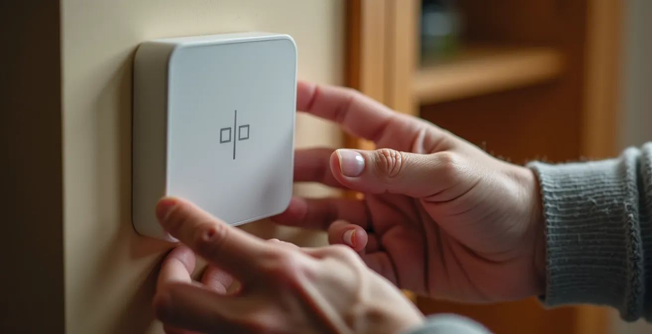 Técnico instalando sensores domóticos en hogar adaptado para persona mayor