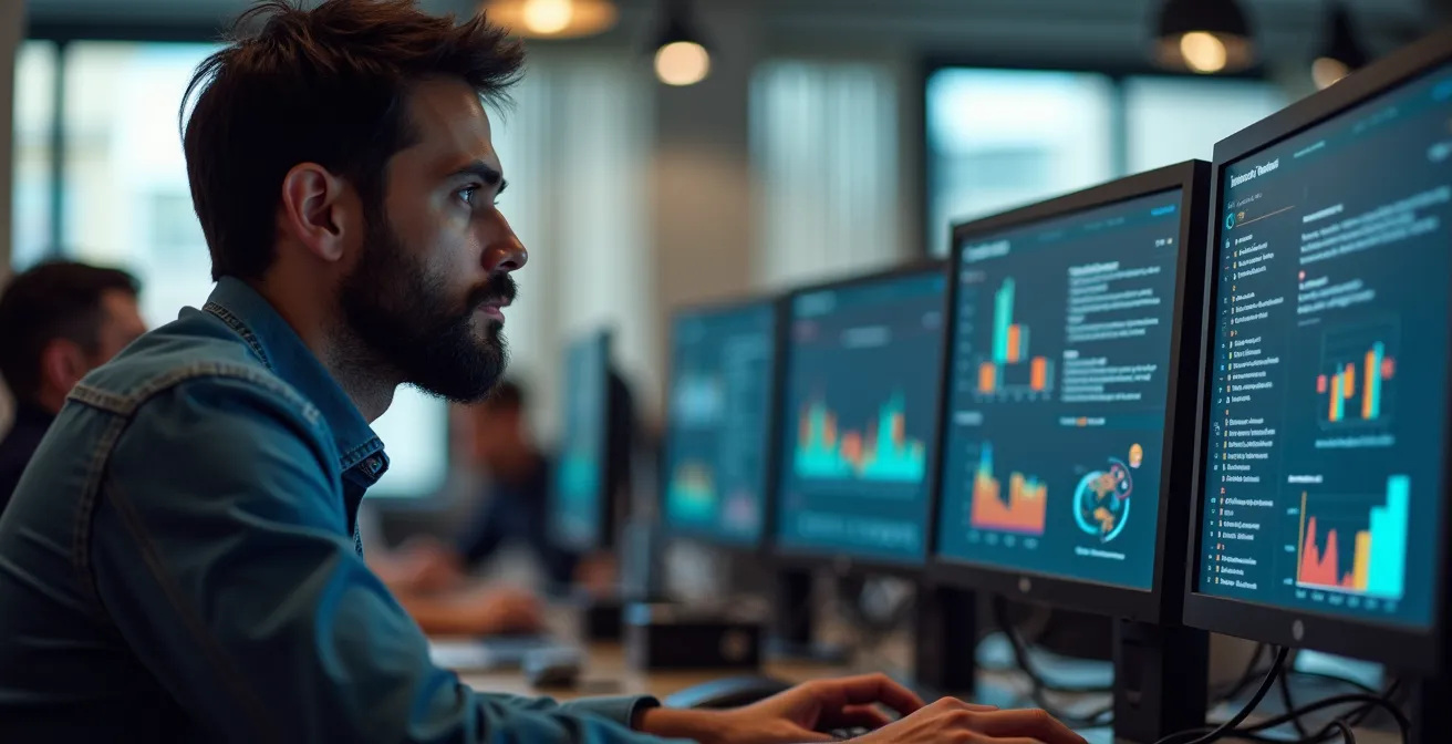 Profesional de QA testing en entorno de trabajo tecnológico examinando monitores con gráficos.