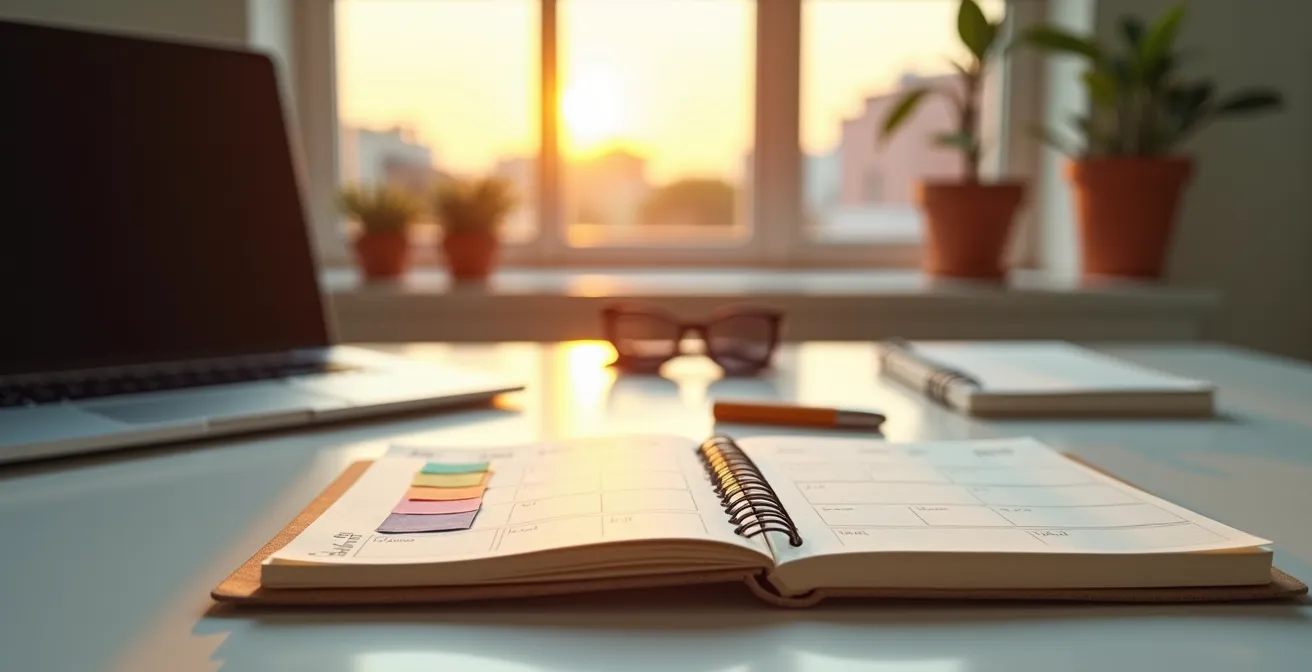 Agenda abierta con bloques de tiempo coloreados sobre un escritorio de oficina de estilo español, señalando el final del día laboral.