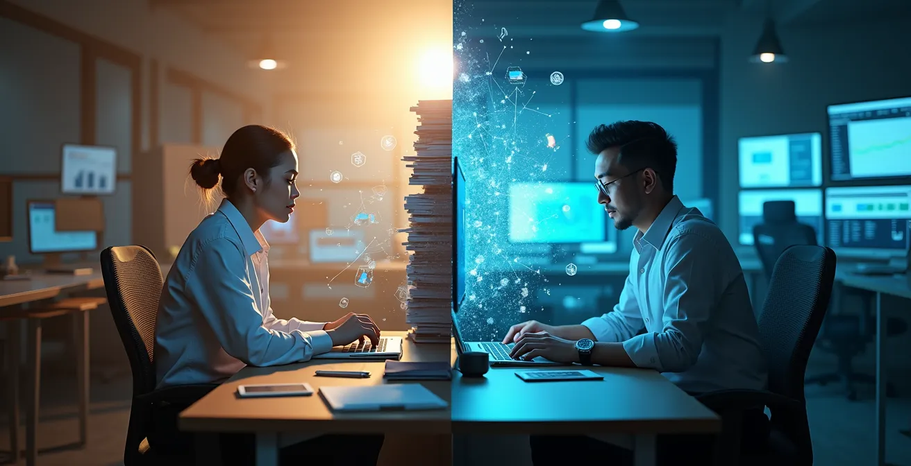 Profesional administrativo trabajando con herramientas de inteligencia artificial y análisis de datos