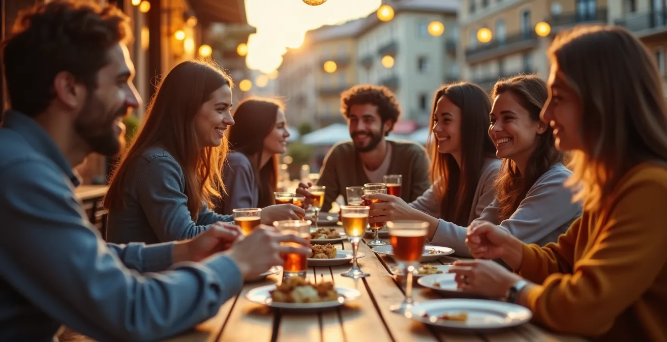 Grupo de estudiantes compartiendo tapas en una terraza de barrio universitario
